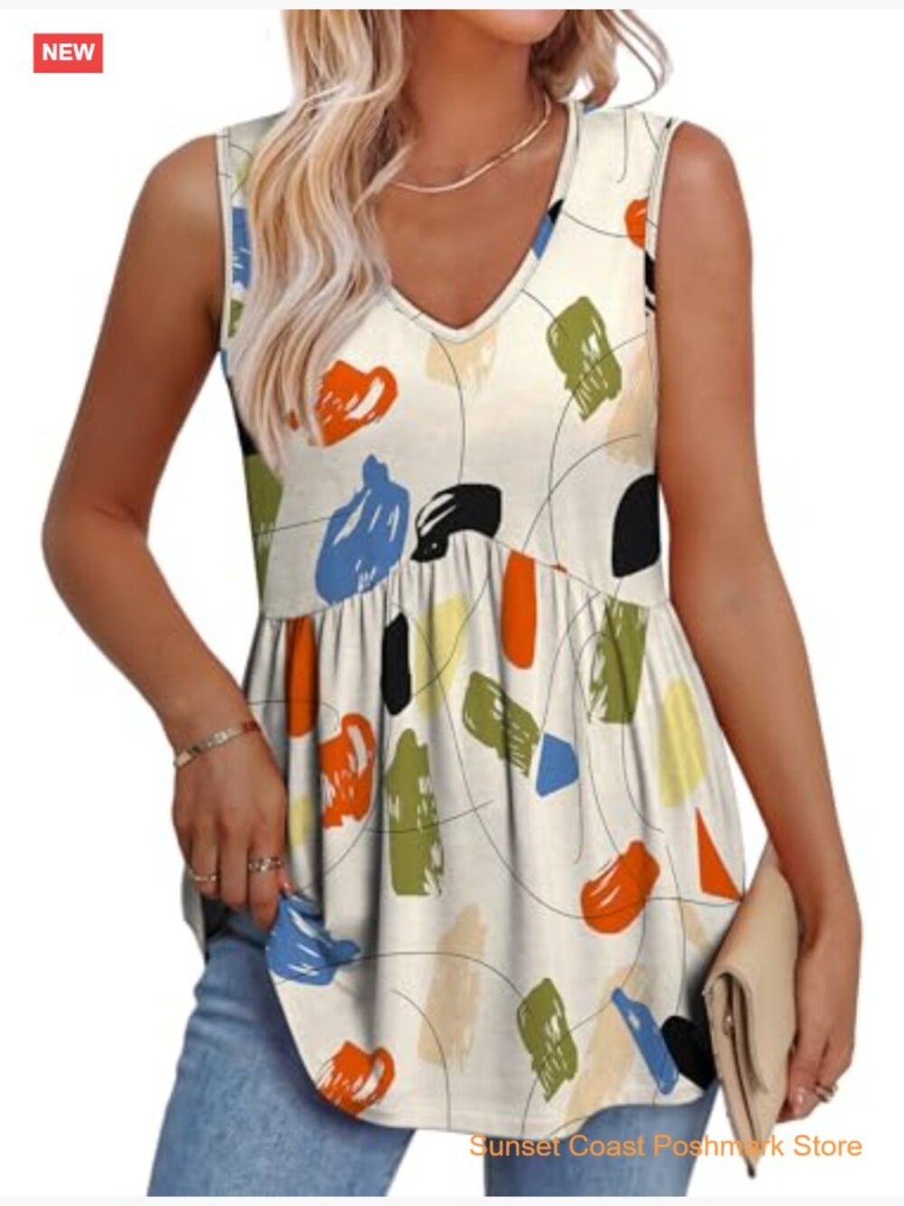 Flowy Peplum V-Neck Sleeveless Tank Top Babydoll Dressy Casual Top - Picture 2 of 7